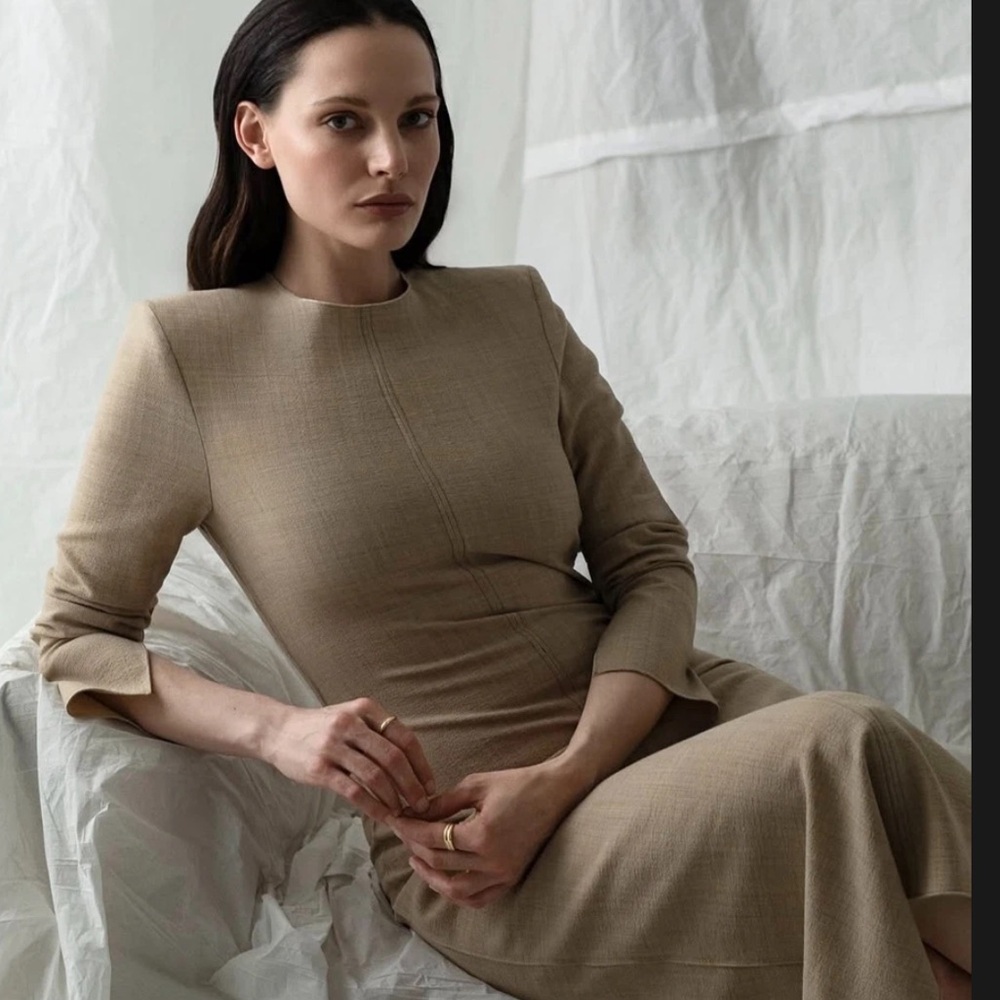 Zara Women Tube Wool Midi Beige Long Sleeve Dress
